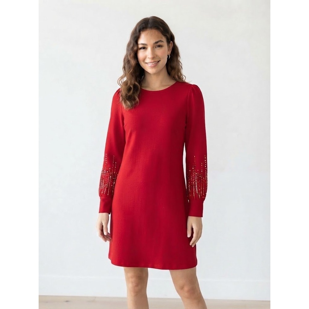Calvin Klein Red Studded Cuff Puff Sleeve Sheath Dress CD8C11EL Size 10 NWT